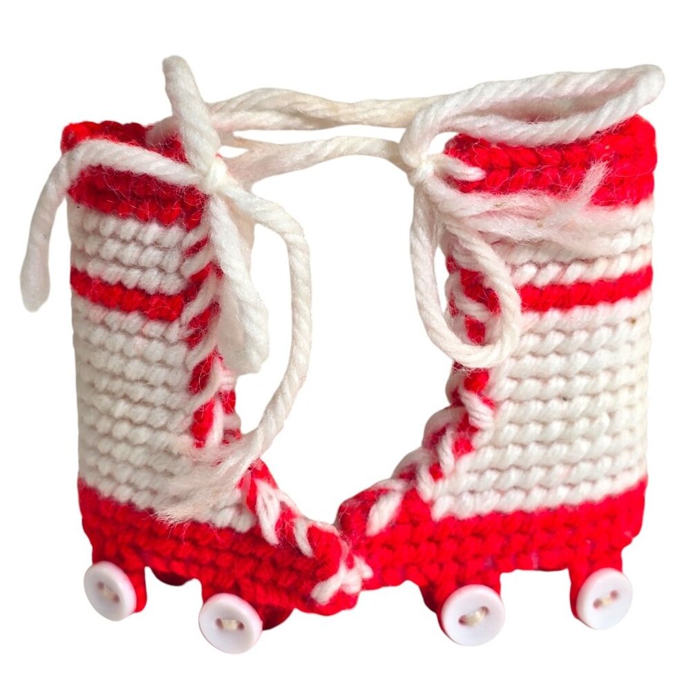 Vintage Plastic Canvas Roller Skate Christmas Ornaments Red White 1970s Handmade